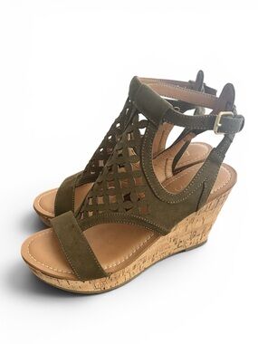 Franco Sarto "Cameron" Olive Green Cutout Cork Wedge Sandals - Size 7.5